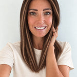 Bronzed Caramel 16-inch layered straight wig in brunette caramel balayage, front view