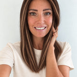 Bronzed Caramel 16-inch layered straight wig in brunette caramel balayage, front view