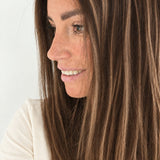 Bronzed Caramel 16-inch layered straight wig in brunette caramel balayage, side view showing the hairline