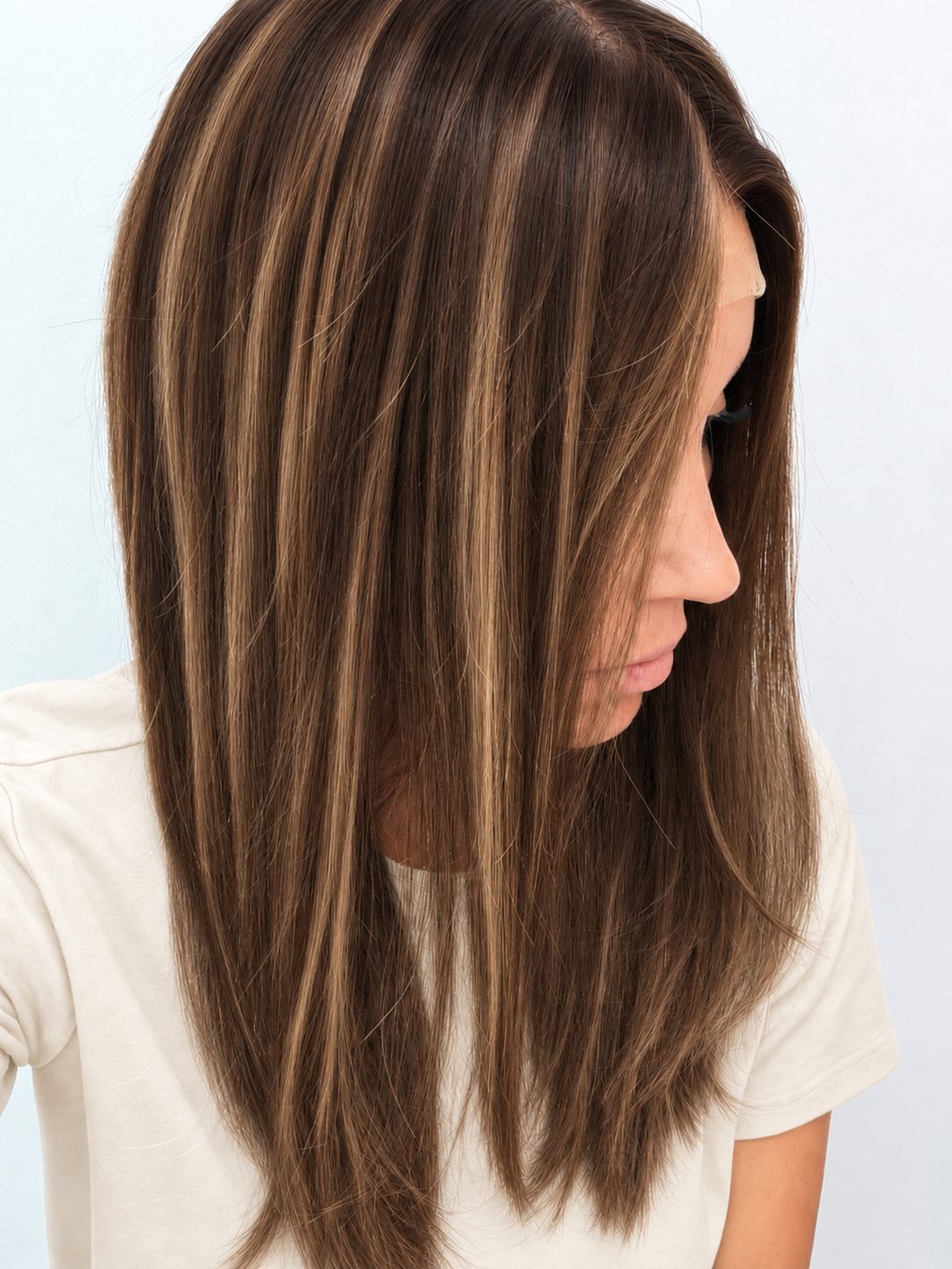Bronzed Caramel 18-inch layered straight wig in brunette caramel balayage, side view showing the hairline