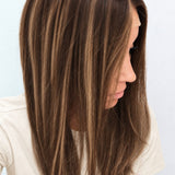 Bronzed Caramel 18-inch layered straight wig in brunette caramel balayage, side view showing the hairline