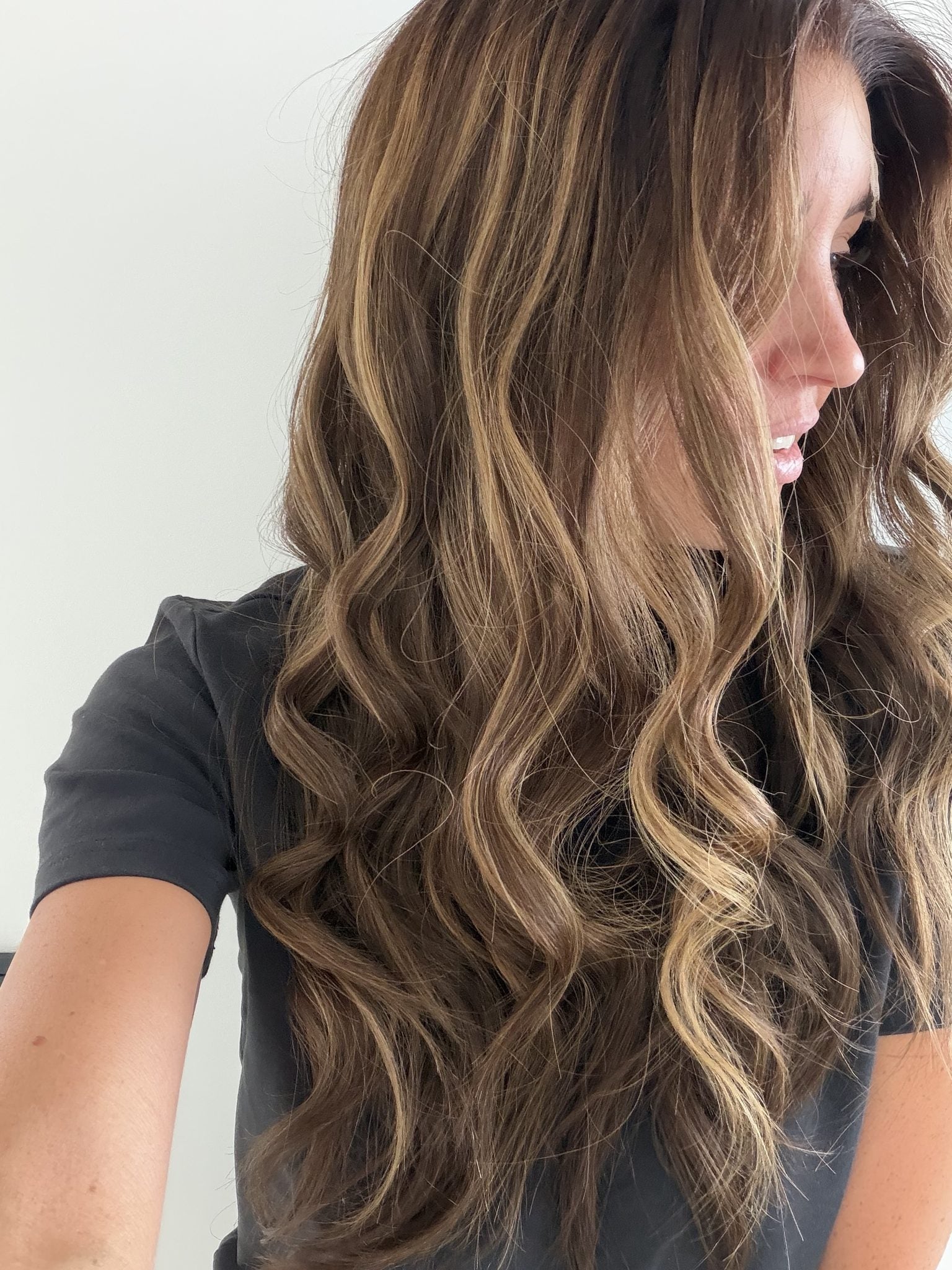 Bronzed Caramel 24-inch wavy wig in brunette caramel balayage, side view showing the hairline