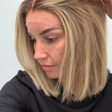 Champagne Melt 12-inch straight wig in rooted champagne blonde balayage, side view showing the hairline