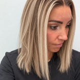 Champagne Melt 14-inch blunt bob wig in rooted champagne blonde balayage, side view showing the hairline