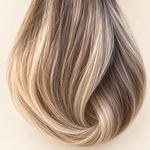 Champagne Melt human hair wig colour swatch in rooted champagne blonde balayage