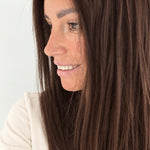 Cocoa 16-inch layered straight wig in rich medium brown, side view showing the hairline
