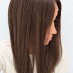 Cocoa 18-inch layered straight wig in rich medium brown, side view showing the hairline