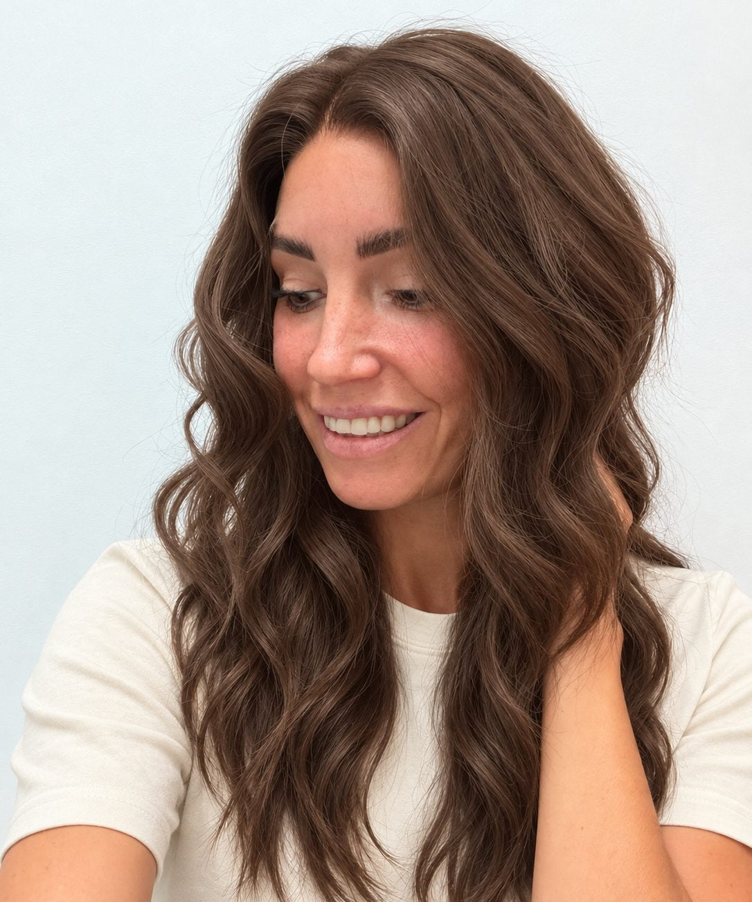 Cocoa 20-inch wavy wig in rich medium brown, side view showing the hairline