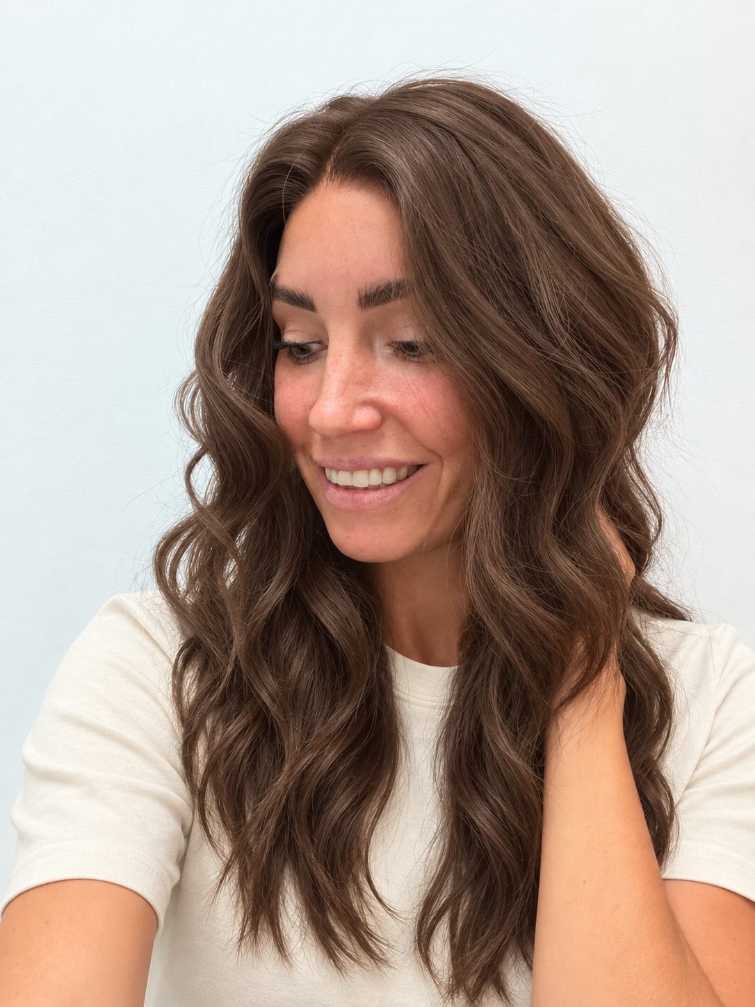 Cocoa 20-inch wavy wig in rich medium brown, side view showing the hairline
