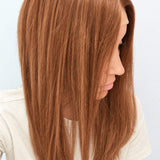 Copper Glow 18-inch layered straight wig in bright copper red, side view showing the hairline