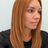 Copper Glow 18-inch straight wig in bright copper red, side view showing the hairline
