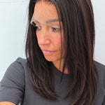 Espresso 14-inch straight wig in dark brown, side view showing the hairline