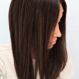 Espresso 18-inch layered straight wig in dark brown, side view showing the hairline