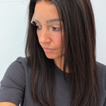 Espresso 18-inch straight wig in dark brown, side view showing the hairline