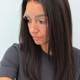 Espresso 18-inch straight wig in dark brown, side view showing the hairline