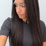 Espresso 22-inch straight wig in dark brown, side view showing the hairline