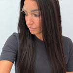 Espresso 24-inch straight wig in dark brown, side view showing the hairline