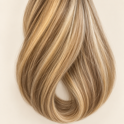 Golden Honey human hair wig colour swatch in golden honey blonde balayage