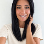 Midnight 16-inch layered straight wig in jet black, front view