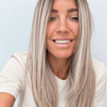 Nordic Pearl 18-inch layered straight wig in rooted platinum blonde, front view