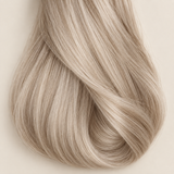Nordic Pearl human hair wig colour swatch in platinum pearl blonde with a soft dark root