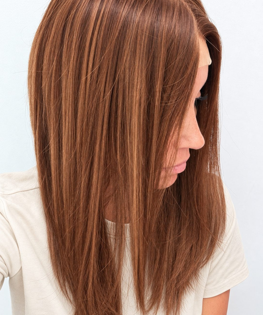 Spiced Auburn 18-inch layered straight wig in warm auburn red, side view showing the hairline