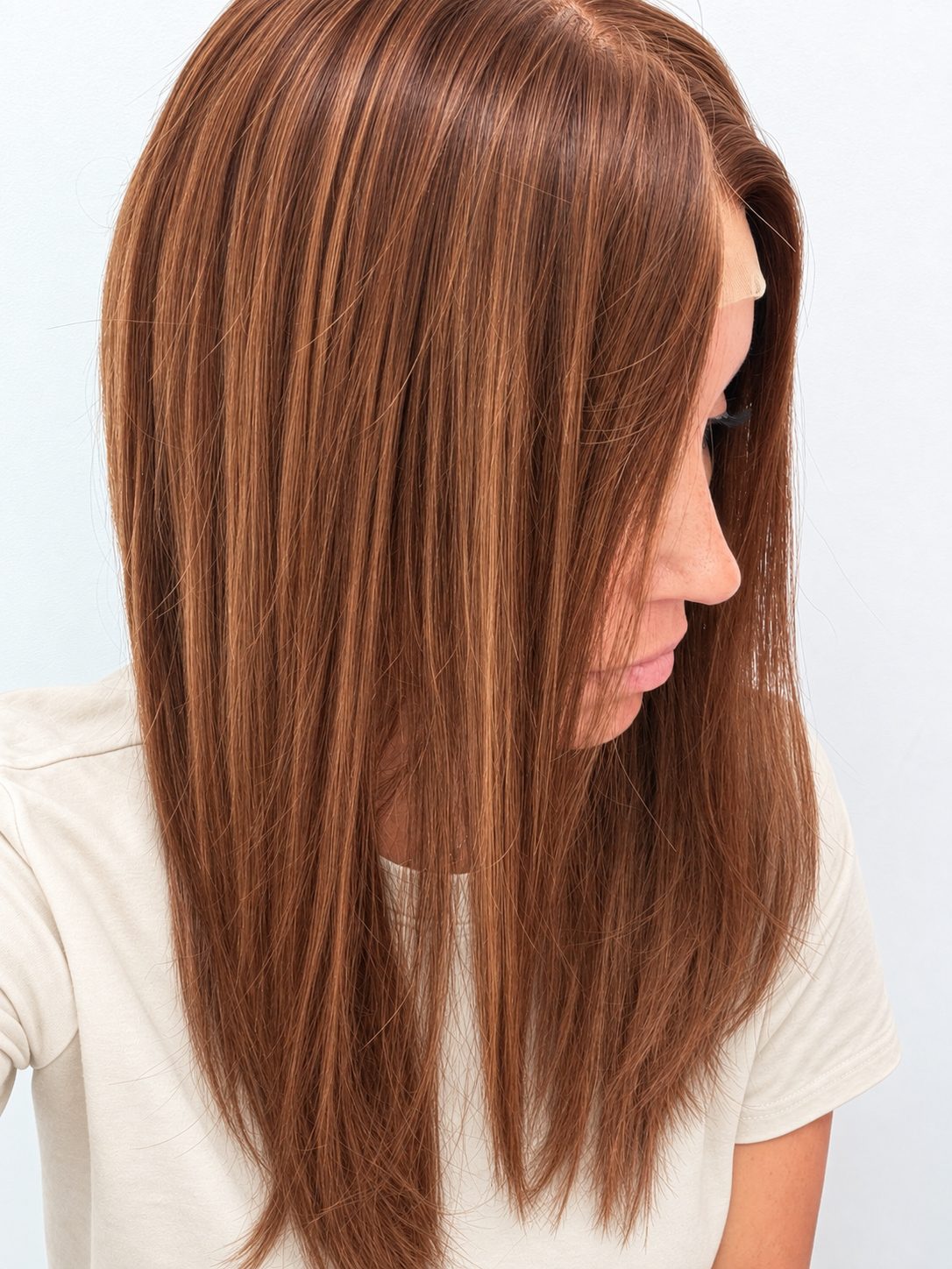 Spiced Auburn 18-inch layered straight wig in warm auburn red, side view showing the hairline