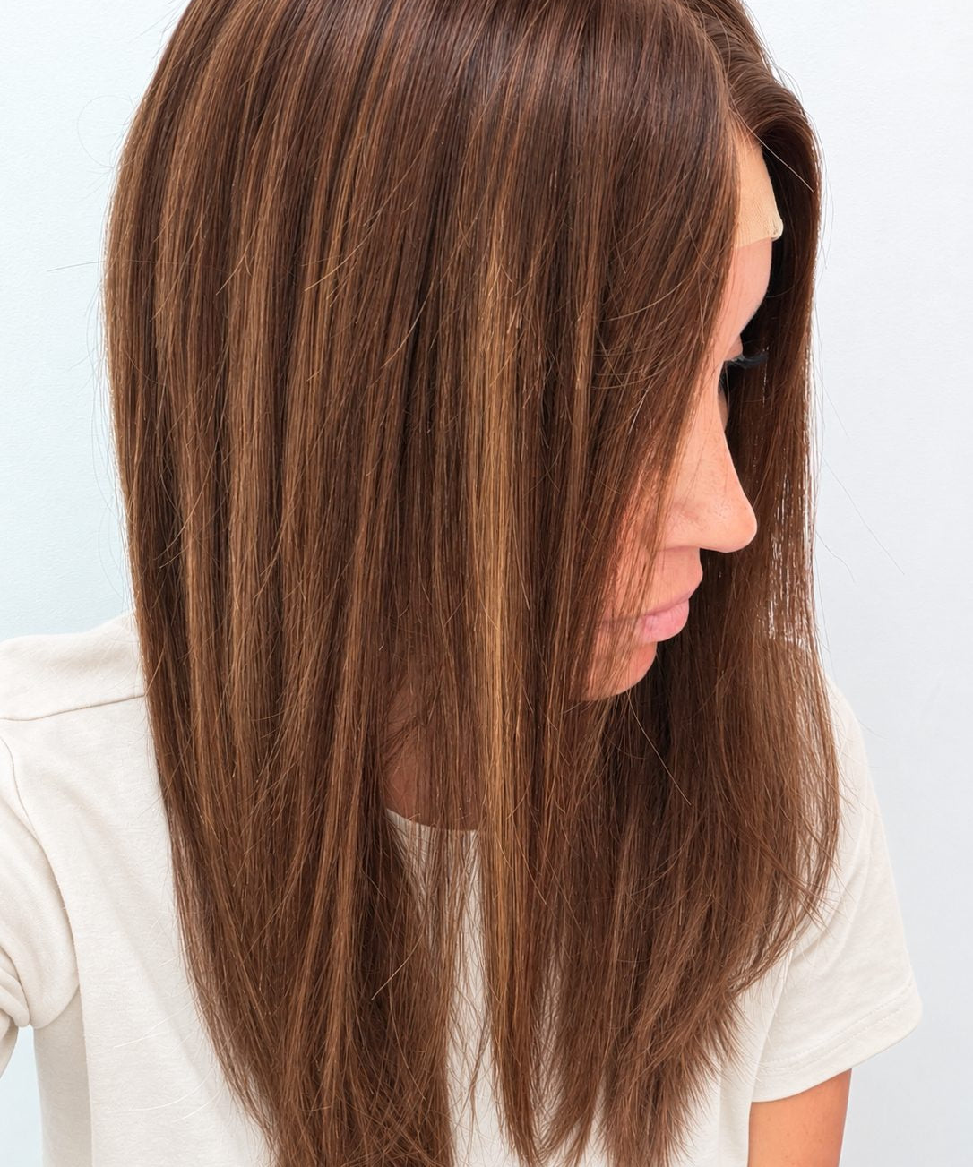 Spiced Red Caramel Balayage 18-inch layered straight wig in red-caramel balayage, side view showing the hairline