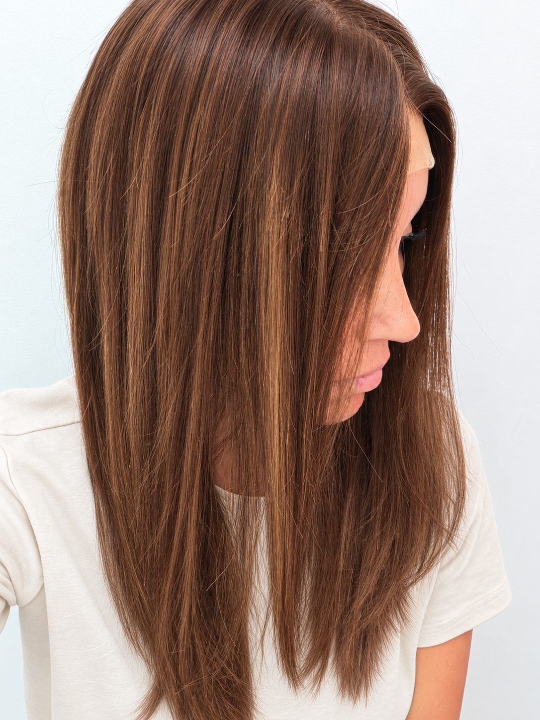 Spiced Red Caramel Balayage 18-inch layered straight wig in red-caramel balayage, side view showing the hairline