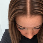 Close-up of the natural lace hairline and parting on a Spiced Red Caramel Balayage human hair wig