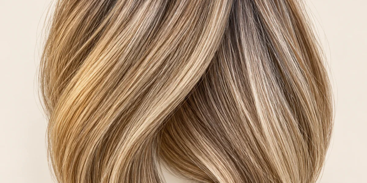 Toffee human hair wig colour swatch in toffee brown with blonde highlights