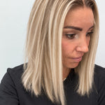 Vanilla Sand 14-inch blunt bob wig in rooted beige blonde, side view showing the hairline